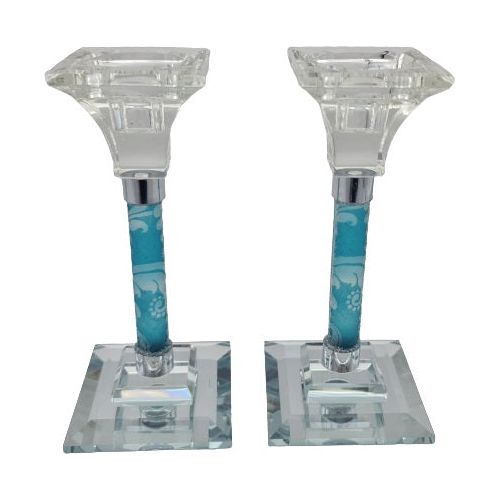 Crystal & Decoupage Glass Shabbat Candlesticks Candleholders Made in Israel By Lily ART