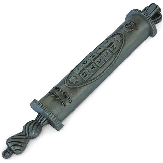 Pewter Jerusalem Torah  Mezuzah "10 Commendmends" Kosher $50 Parchment included