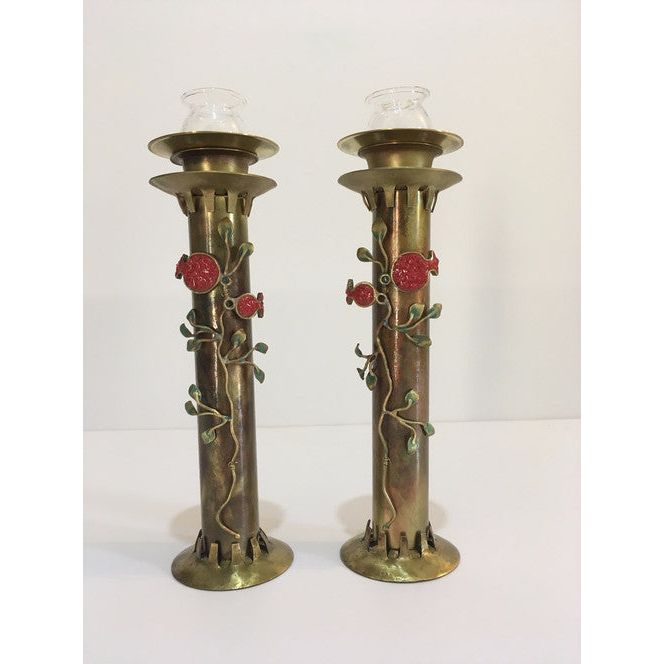 Brass Unique Art Shabbat Candlesticks "Pomegranates" Hand Made in Israel by Shulamit Kenter Itzuviem