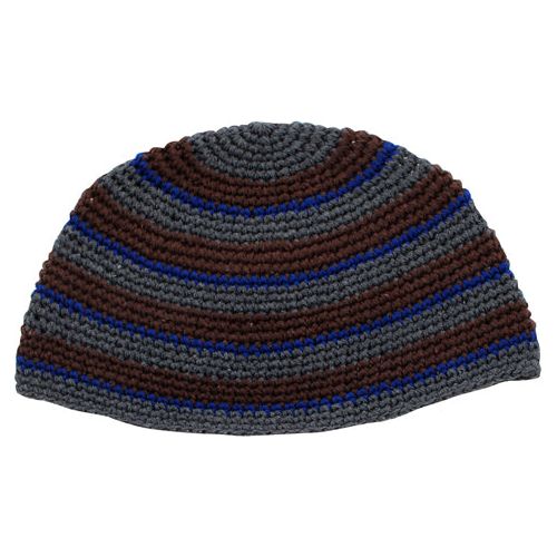 100% Cotton Knit Large Frik Kippah Gray And Brown Stripes 12" Diameter
