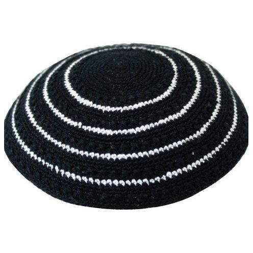 Crochet Kippah Yarmulke Black with White Stripes