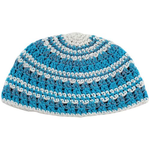 100% Cotton Thick Knit Crochet Frik Kippah Yarmulke in Turquoise White  10" diameter