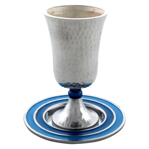 Hammered Aluminum & Enamel Kiddush Cup Goblet with Tray Available in Blue