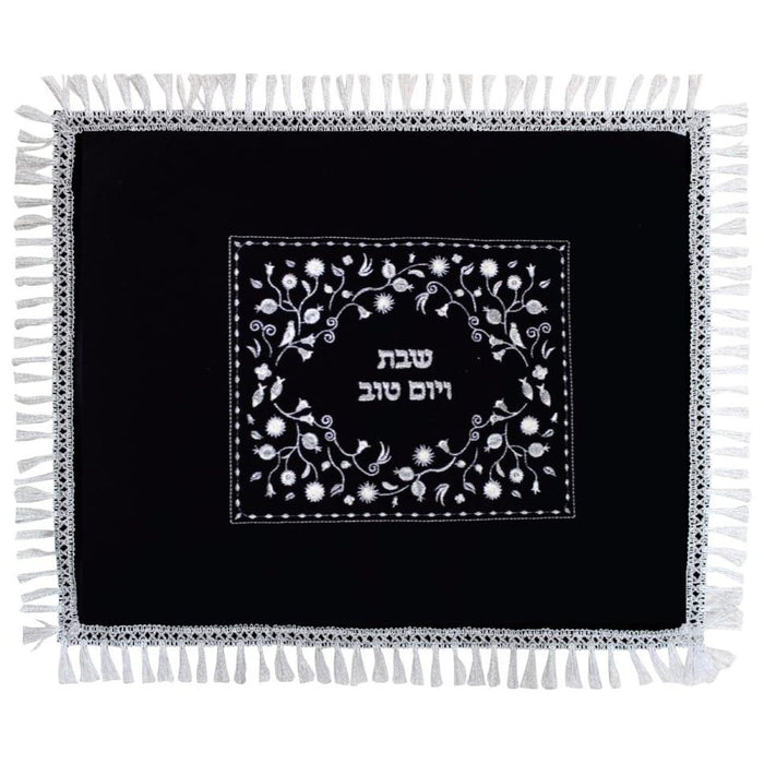 Oriental Design  Black Velvet Challah Cover Silver Embroidery 19.5" x 23.5"