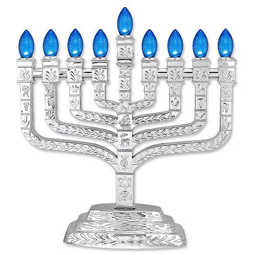 Silvertone Knesset Menorah with the Symbols of the Twelve Tribes Blue LED Bulbs USB