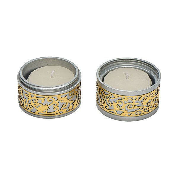 Anodized Aluminum Laser Cutout in Silver Gold Shabbat Travelling Candlesticks by Yair Emanuel