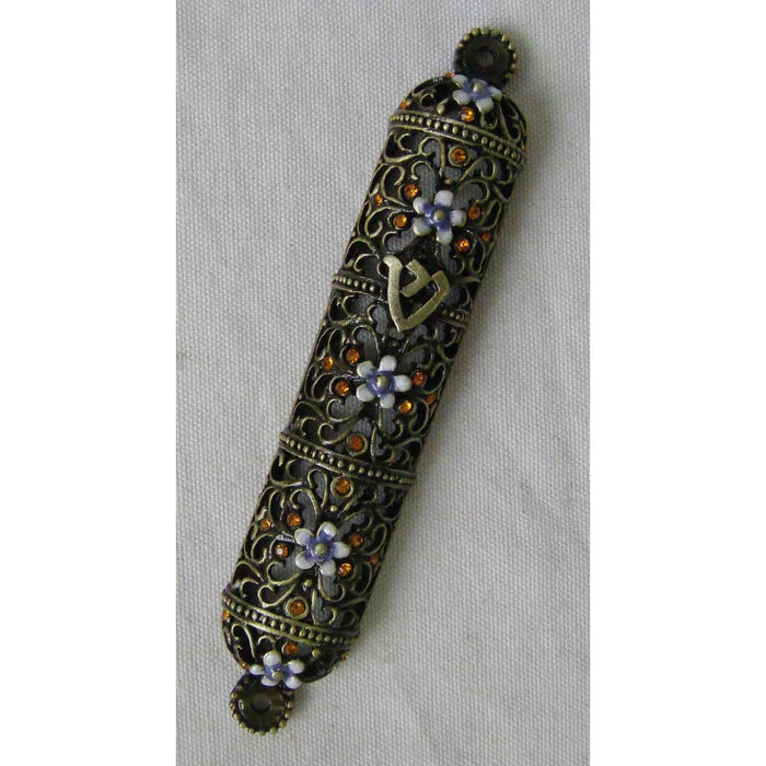 Antique Brass Finish 4.5" Mezuzah Venezia Blue Enamel Pearl Accents Kosher Parchment Included