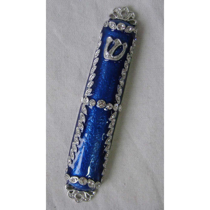 Jeweled Navi Blue Enamel Mezuzah Kosher Parchment Included