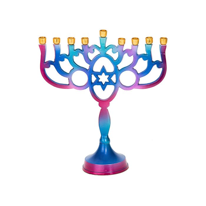 Star of David Metal Chanukah Menorah in Blue and Purple 8" x 9.25" h