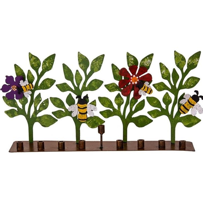 Bee and Flower Metal Chanukah Menorah 15" x 3" x 8" Hand Made