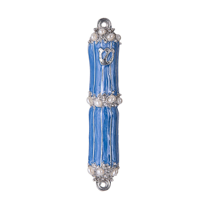 Jeweled Pearls &  Light Blue Enamel Mezuzah Kosher Parchment Included