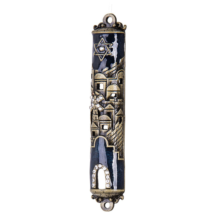 City of Jerusalem  3.5" Blue Enamel Mezuzah Kosher Parchment Included