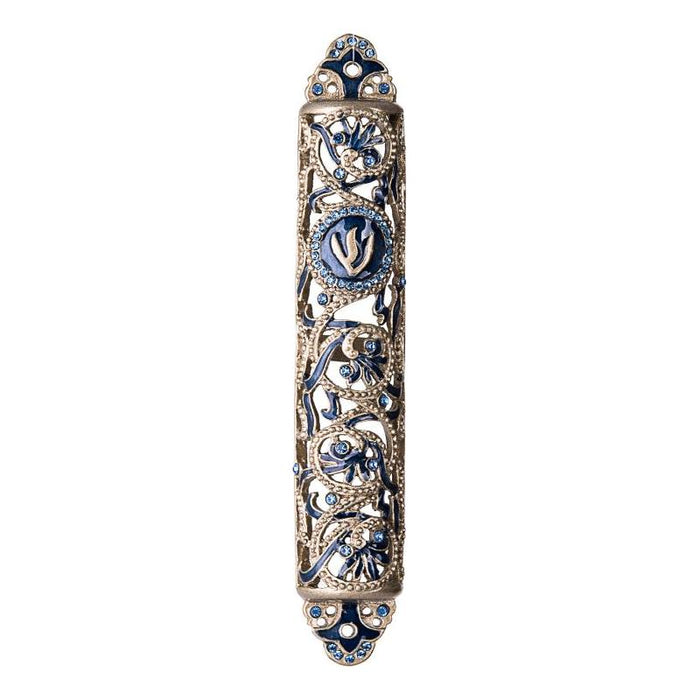 Gem Jeweled Royal Blue Mezuzah Swarovski Crystals Kosher Parchment included