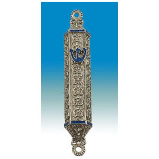 Antique Silver Finish 4.5" Mezuzah Cordoba Blue Enamel Accents Kosher Parchment Included