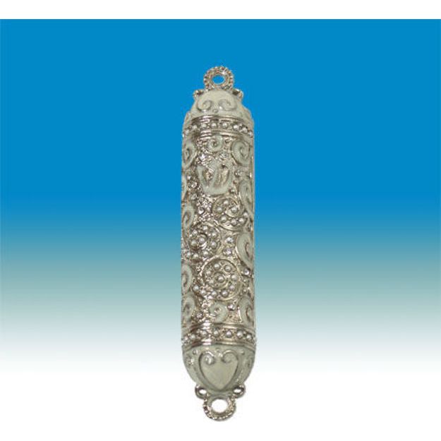 Antique Brass Finish 4.75" Mezuzah Smyrna Lace White Enamel Pearl Accents Kosher Parchment Included