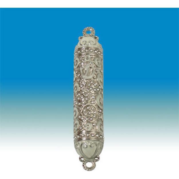 Antique Brass Finish 4.75" Mezuzah Smyrna Lace White Enamel Pearl Accents Kosher Parchment Included