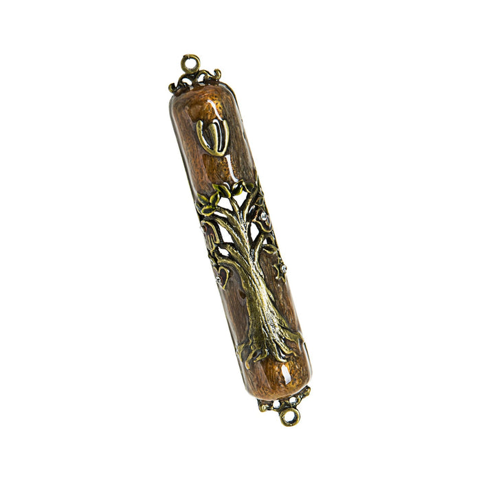 Gemstone Brown Enamel Mezuzah Tree of Life Kosher Parchment Mezuzah included