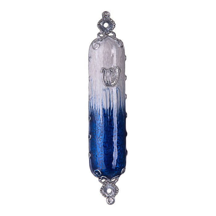 Jeweled Royal Blue and Light Blue Enamel Mezuzah Kosher Parchment Included