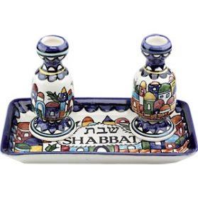 Jerusalem Old City Scene Shabbat Candlestick Set Armenian Ceramics made in Israel