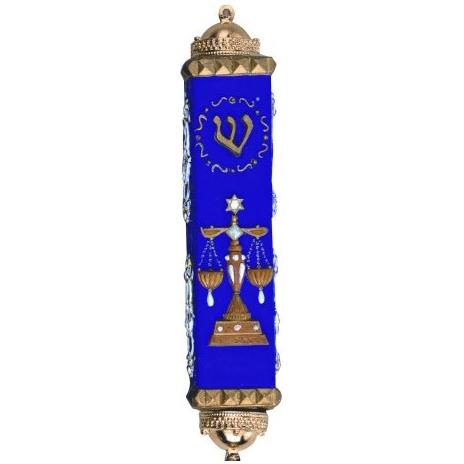 Lawyer Mezuzah Blue Hand Painted Mezuzah 4" Kosher Parchment included