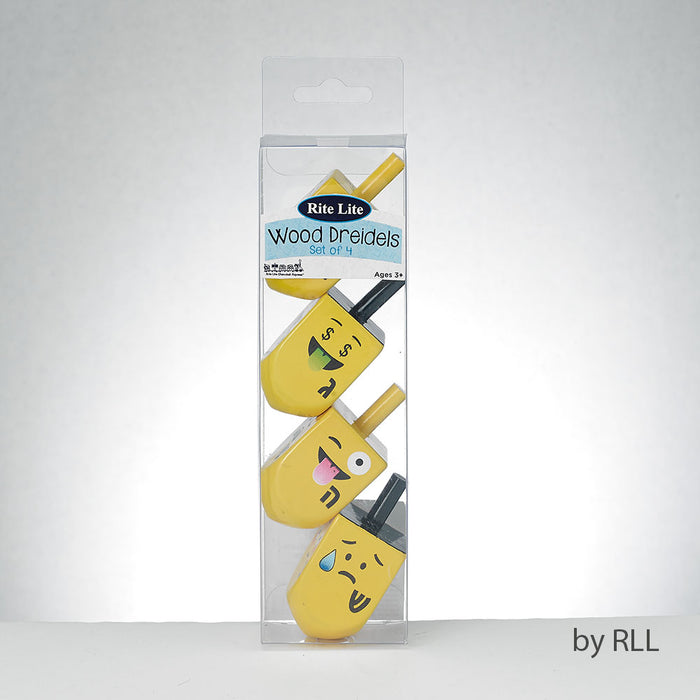 New Chanukah Wooden Dreidels with Emojis Set of 4