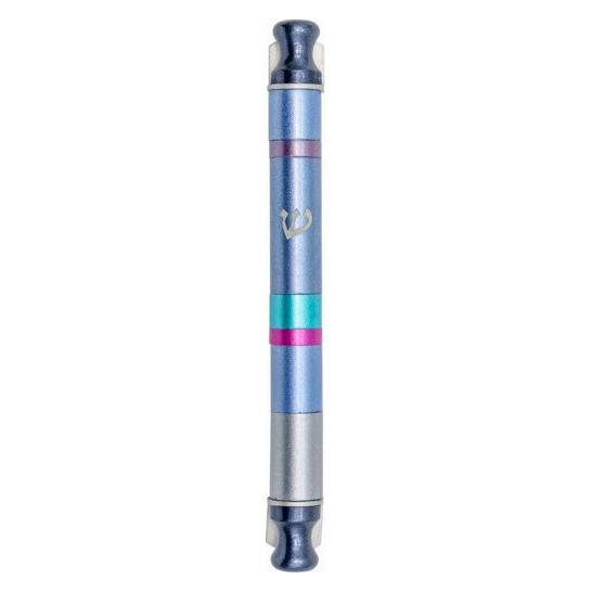 Anodized Cylinder Mezuzah By Emanuel Wide Blue Stripes Pink Accent Kosher $50 Parchment included