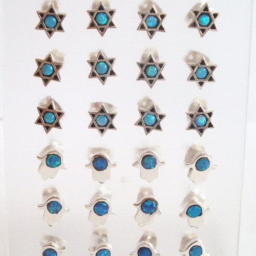 925 Sterling Silver / Opal Mini Earrings Hamsa or Star of David Set of 2