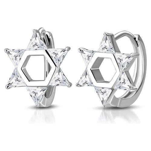 925 Sterling Silver Trillion Designed Star of David Earrings Swarovski CZ Hoops