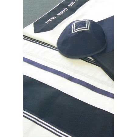 Designer Navy Blue & Silver Ribbons Wool Men's Tallit / Tallis Set of 3 Hand Made in Israel by Efrat