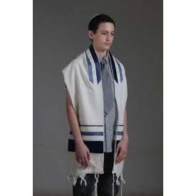 Modern Designer Blue Stripes & Ribbons Silver Embroidery Tallit Tallis 22" x 80" Set Made in Israel