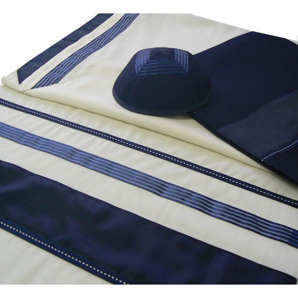 Modern Designer Blue Stripes & Ribbons Silver Embroidery Tallit Tallis 22" x 80" Set Made in Israel