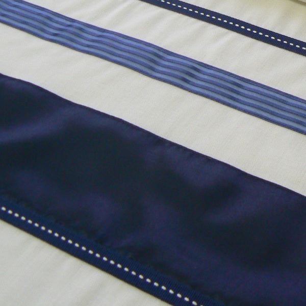 Modern Designer Blue Stripes & Ribbons Silver Embroidery Tallit Tallis 22" x 80" Set Made in Israel