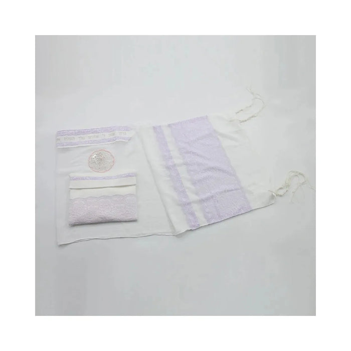Designer Lavendar Lace Organza Women's Tallit Prayer Shawl Yaffo set of 3 Made in Israel By ERETZ Judaica