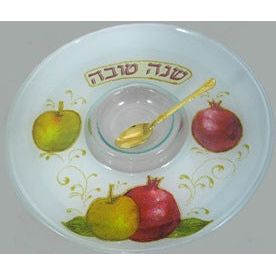 Apples Glass Honey Dish for Rosh Hashanah with Golden Honey Spoon
