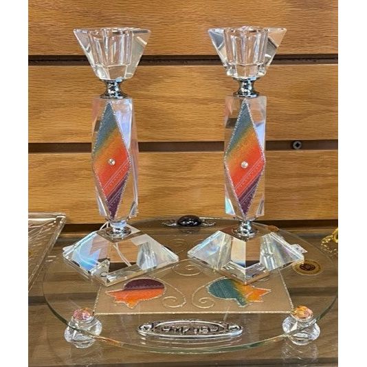 Artistic Decoupage Crystal Shabbat Candlesticks Set with Tray in Rainbow colors By Lily Art, Israel