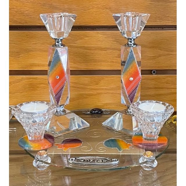 Artistic Decoupage Crystal Shabbat Candlesticks Set with Tray in Rainbow colors By Lily Art, Israel