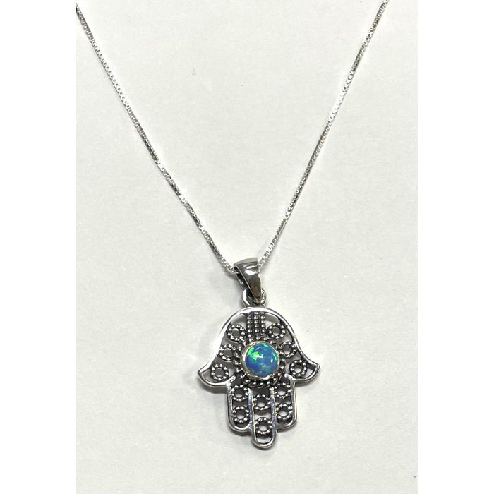 925 Sterling Silver Filigree and OPAL Hamsa Pendant Necklace Venetian Chain