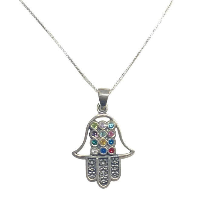 925 Sterling Silver Choshen CZ Stones Hamsa Pendant Neclace