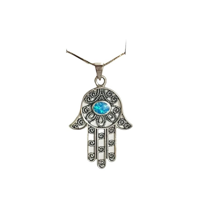 925 Sterling Silver Opal Filigree Large Hamsa Pendant Necklace Made in Israel