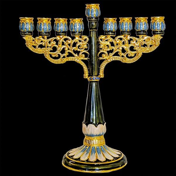 Jeweled Enameled Chanukah Menorah 7" high in Blue Judaica Collection