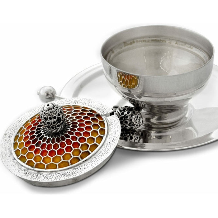 Pre-Order only 925 Sterling Silver Enamel Beehive Shaped Honey Dish Set Hand Made in Israel by NADAV