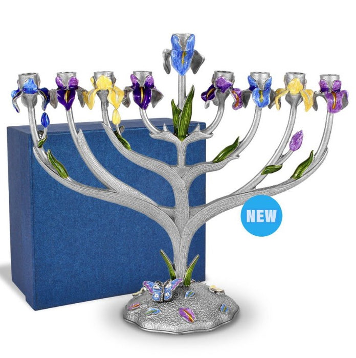 Artistic Jeweled Floral Design Menorah Irises Comes in a Gift Box