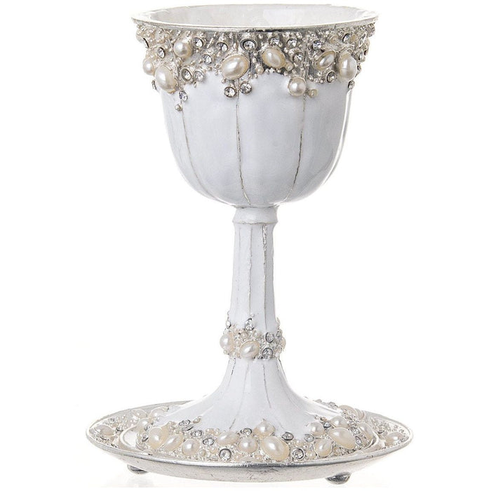 Jeweled Kiddush Cup & Saucer Pearls on White Enamel