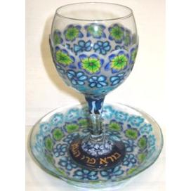 Blue Flowers Painted Glass Kiddush Cup with Saucer Hand Made in Israel By Nurit Naor