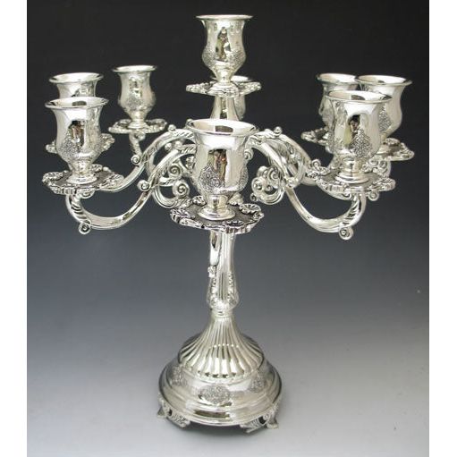 9 Branch Candelabra / Candleholder Floral Design Silver Plated Height: 15.5"