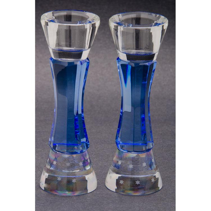 Crystal Art Glass Shabbat Candlesticks Holders 5" Stars of David with optional tray