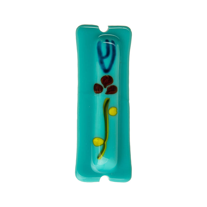 ART Glass Mezuzah Turquoise with Blue Shin & Flower Hand Made in Colombia Kosher Parchment included