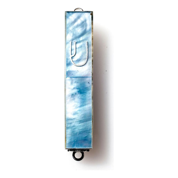 BLUE MOTHER OF PEARL MINI STERLING SILVER MEZUZAH 3" high Kosher parchment included