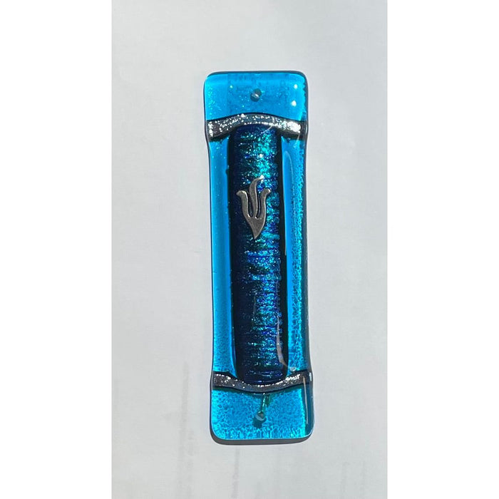 Art Deco Turquoise Glass Mezuzah Blue Accordian By Tamara Baskin Kosher Parchment Included