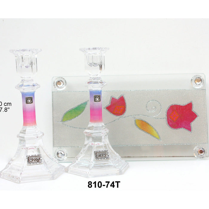 Lily Art Glass Appliqued Shabbat Candlesticks / Holders and Tray